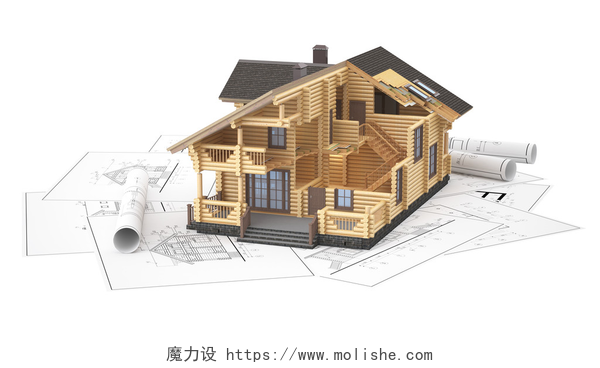 白色背景下的现代化木房子模型模型的背景图纸上的木屋